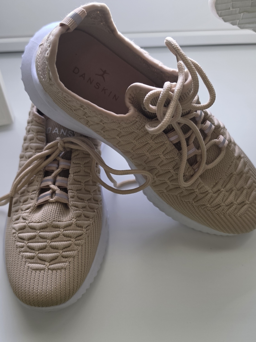 Danskin Women's Knit Lace-Up Sneakers in Beige and White